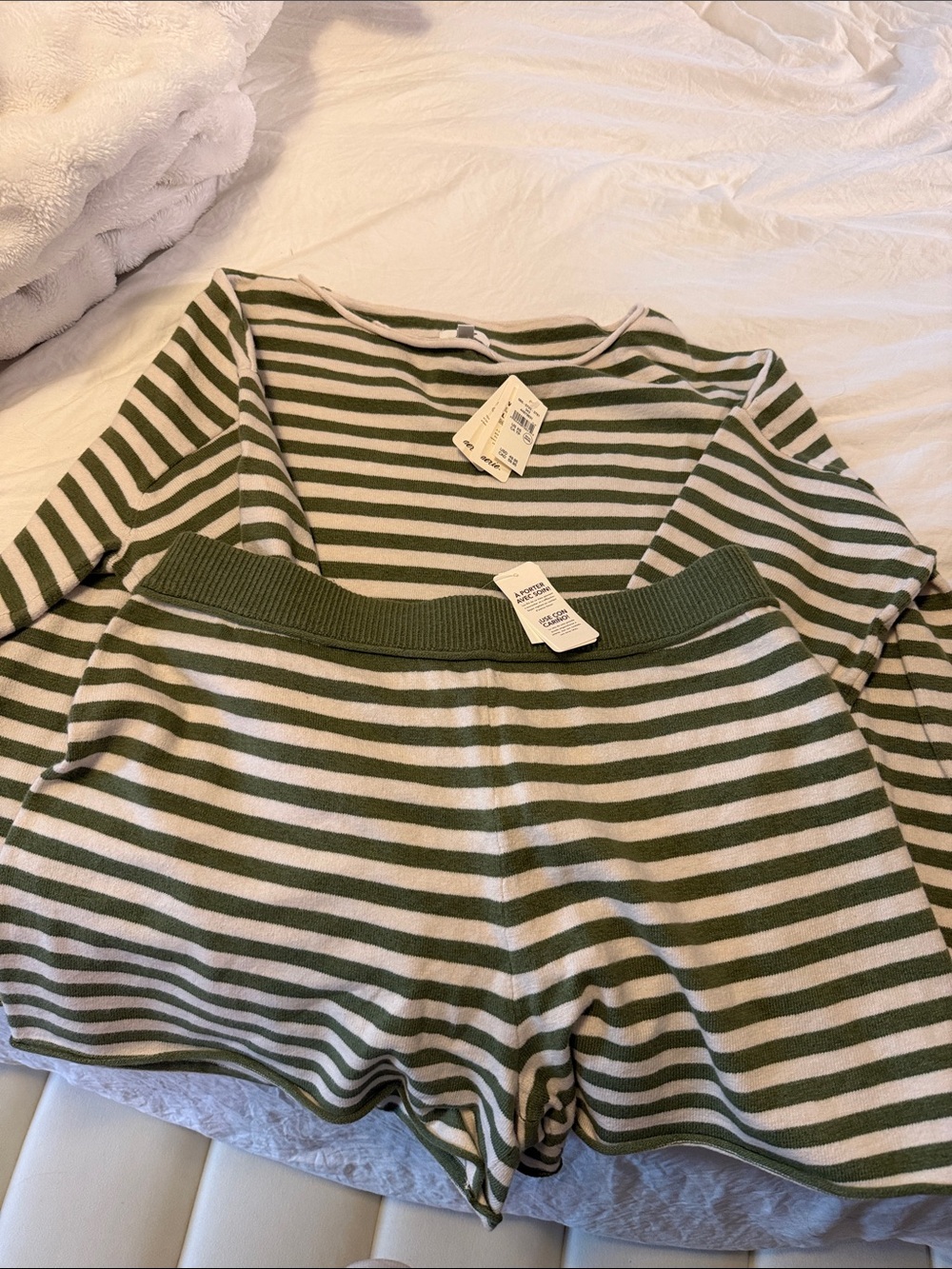 aerie Olive Green & Cream Striped Crewneck Sweater Set NWT